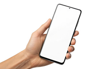 Hand holding mobile phone with blank screen isolated on transparent background