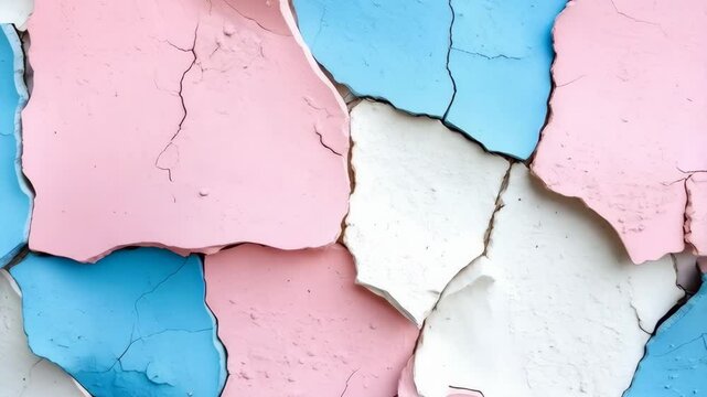 Abstract pattern of cracked painted wall with blue, pink and white pieces texture and rough background with damaged material