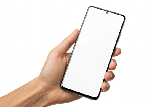 Hand holding mobile phone with blank screen isolated on transparent background