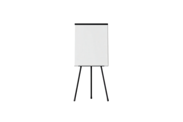 White presentation board on a black metal tripod stand centered on a dark background ready to isolate
