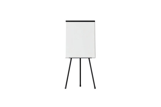White presentation board on a black metal tripod stand centered on a dark background ready to isolate