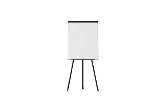 White presentation board on a black metal tripod stand centered on a dark background ready to isolate