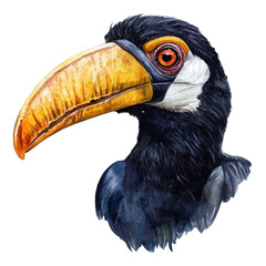 Hornbill Close Up, watercolor painting vector, isolated on a white background.