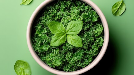 Fresh kale and basil in a bowl. Green leaves, healthy food
