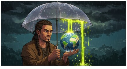 Person holding globe under umbrella environmental theme
