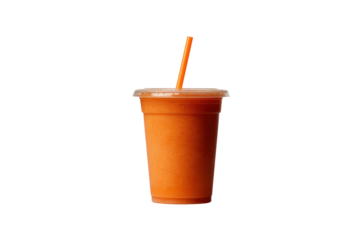 Orange smoothie in a clear plastic cup with lid and straw against a black backdrop
