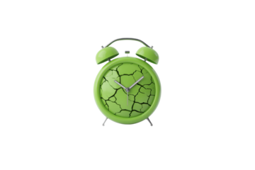 Green Alarm Clock With Cracked Face On A Transparent Background Showing Time With Silver Hands Isolate