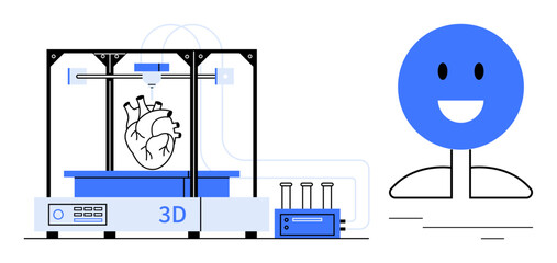 3D printer crafting human heart, smiling figure symbolizing innovation, progress, and optimism. Ideal for healthcare, technology, medical research, organ printing, biology education and future
