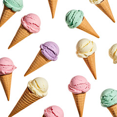 Artistic Arrangement Of Ice Cream Cones Laying Flat On White Background, Generative AI