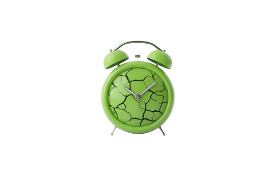 Green Alarm Clock With Cracked Face On A Transparent Background Showing Time With Silver Hands Isolate