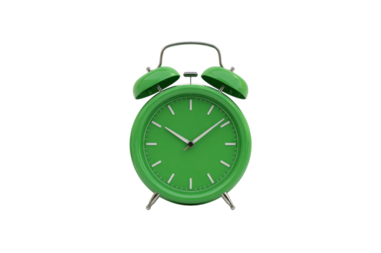 Green Alarm Clock With Bells And Hands Showing The Time Isolated Against A Transparent Background - Powered by Adobe
