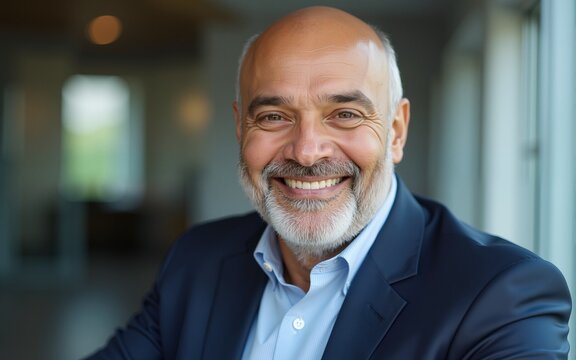 Headshot close up portrait of indian or latin confident mature good looking middle age leader, ceo male businessman on blur office background. Handsome hispanic senior business man smiling at camera.