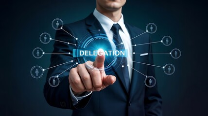 Businessman in suit activating delegation concept using futuristic touchscreen technology