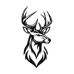 Naklejka premium Deer head silhouette with antlers in black and white line art, bold animal profile with strong forest vibe, deer head, deer silhouette, antler art, forest animal, wildlife illustration