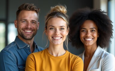 Close up headshot portrait of two happy businessman and mature businesswoman looking at camera. Diverse smiling employee standing behind of female and male company mentors. Leader of multi-ethnic team