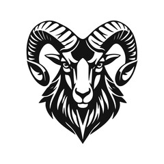 Ram head illustration, mountain goat logo, wild animal emblem, horned beast design, tribal goat art symbol	