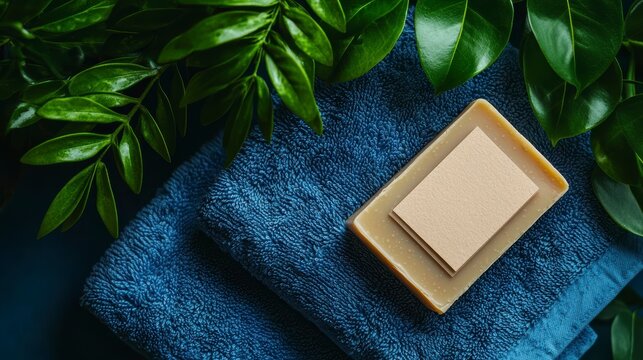 Natural soap bar on blue towels with green leaves.