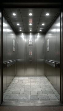 inside view an elevator facing closed doors with the buttons to elevator floors next to the closed doors