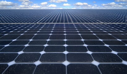 Vast Solar Panel Field Under a Blue Sky: Clean Energy and Sustainable Power Generation