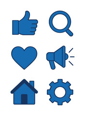 Set of blue icons thumb up, search, heart, megaphone, home, and settings