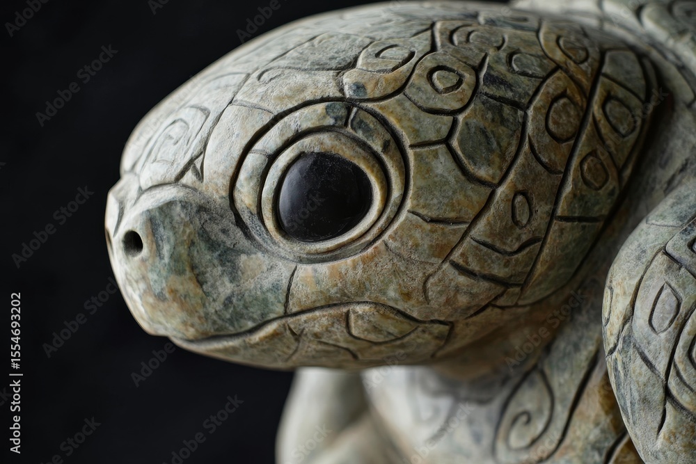 Poster carved stone turtle statue with intricate patterns against a dark background.