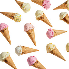 Artistic Arrangement Of Ice Cream Cones Laying Flat On White Background, Generative AI
