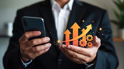 Businessman using smartphone with financial growth arrows and business gears concept