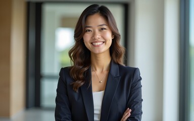 A woman in a suit is smiling for the camera. High quality