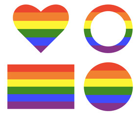 LGBT circle, square, heart and frame icons. Rainbow flag frames. Background in gay pride colors. Progress Logo badges. Stickers set in rainbow colors. Hearts, Rounds, rectangles push buttons. 