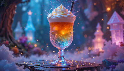 Fantasy Cream Drink with Magical Glow in Dreamy Setting