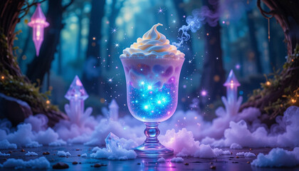 Fantasy Cream Drink with Magical Glow in Dreamy Setting