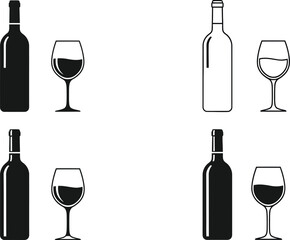 Elegant wine bottle and wineglass set, perfect for menus, invitations, or drink related designs with a clean silhouette.