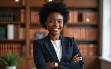 Arms crossed, lawyer or portrait of happy black woman with smile or confidence working in a law firm. Confidence, empowerment or proud African attorney with leadership or vision for legal agency