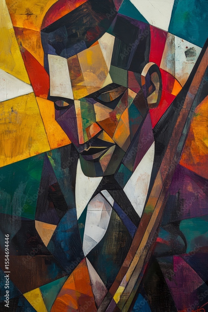 Poster painting of a man playing a stringed instrument with colorful geometric background.