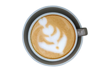 Delicate latte art displayed on creamy coffee drink in a simple gray cup. Isolated on white...