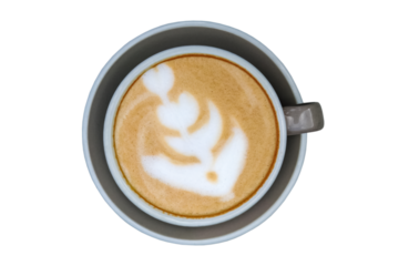 Delicate latte art displayed on creamy coffee drink in a simple gray cup. Isolated on white background. PNG