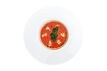 Delicious tomato soup A delicious bowl of tomato soup with shrimps, served in a clean white bowl with fresh basil garnish. Isolated on white background. png