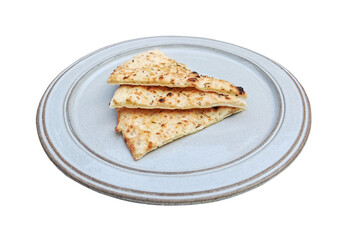 Crispy flatbread served on a ceramic plate at a casual dining setting. Isolated on white background. png