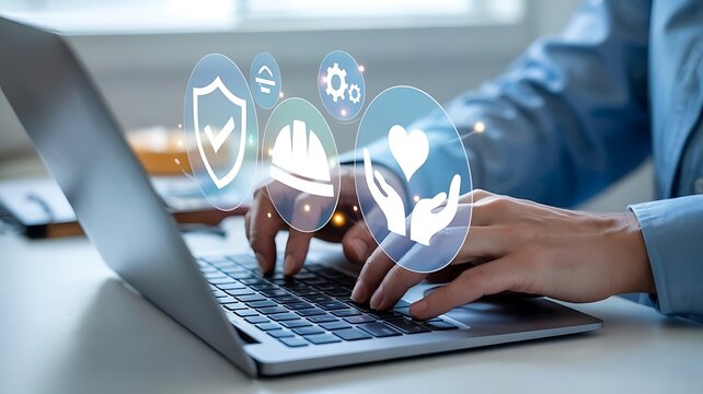 Man working on laptop with safety and security icons illustrating various concepts