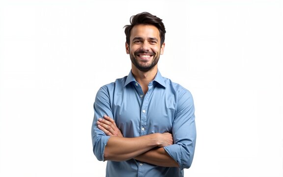 Handsome smiling business man in blue shirt standing with crossed arms, isolated on white background. High quality