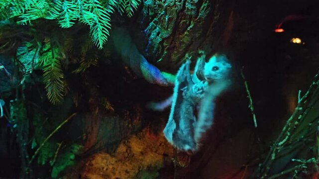 A small squirrel rodent dormouse is climbing a tree with another squirrel. The scene is dark and the trees are green