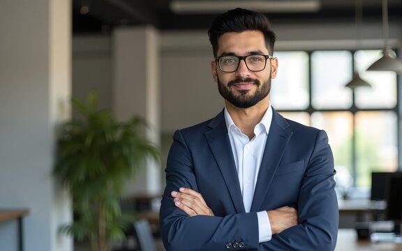 Headshot of skilled hindu male employee standing with arms crossed in modern office, successful confident mixed-race man wearing eyeglasses and smart casual, business portrait of indian entrepreneur