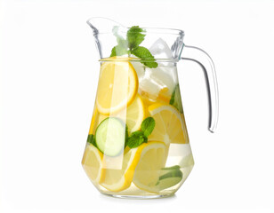 Refreshing lemon cucumber mint infused water in a clear glass pitcher on white