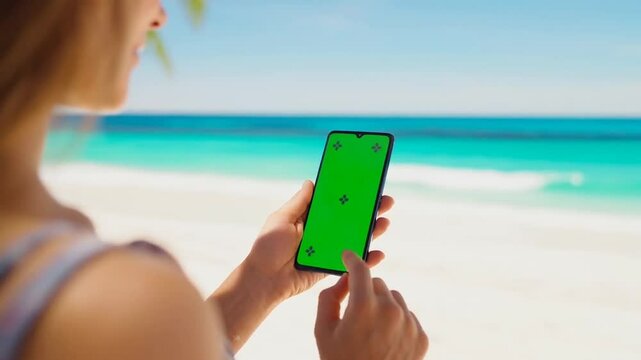 Telefono con Pantalla verde en la playa