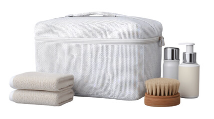 A premium mesh toiletry bag, white background --ar 16:9