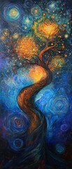 Abstract tree with glowing orbs against a dark blue starry night background.