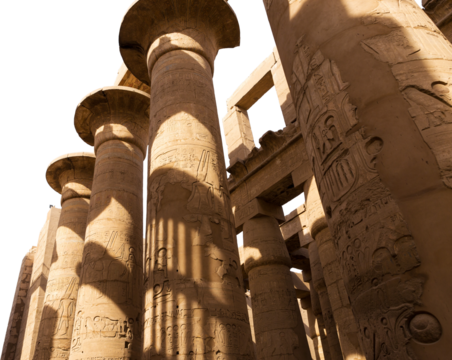 Karnak Temple, Colossal sculptures of ancient Egypt in the Nile Valley in Luxor, Embossed hieroglyphs on the wall.