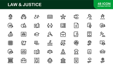 Law and Justice Line Icon Set – Modern, Professional Thin Outline Icons for Legal System, Court, Criminal Justice, Police, Crime, and Investigation