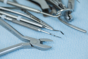 surgical or dental instruments ready for use on the patient in the clinic.
