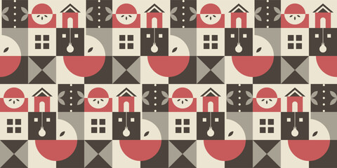Geometric house and apple repeating tile design.